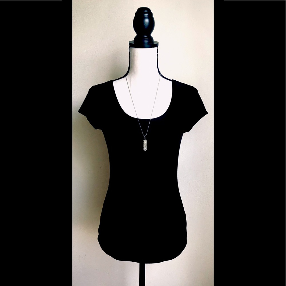Black Scoop Neck Shirt Top Crisscross Backing, S